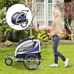 2-in-1 Children's Bike Trailer Double Seat Push Stroller Travel Carrier Purple