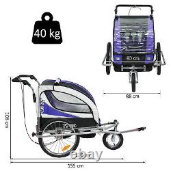 2-in-1 Children's Bike Trailer Double Seat Push Stroller Travel Carrier Purple