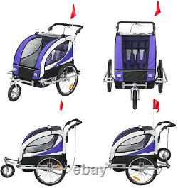 2-in-1 Children's Bike Trailer Double Seat Push Stroller Travel Carrier Purple