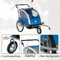 2-in-1 Kids Push Stroller Carrier Bike Trailer Outdoor Jogger Foldable Blue Grey