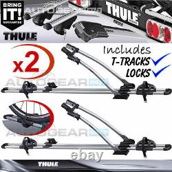 2 x Thule FreeRide 532 Car Roof Mount Cycle Carrier Bike Rack + T-Tracks + Locks