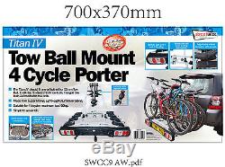 Car & 4x4 Tow Ball 60kg 4 Bike Bicycle Travel Rack Cycle Carrier -Life Guarantee