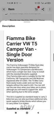 Fiamma Bike Rack Cycle Carrier Tailgate Single Door Vw T5 Transporter Campervan
