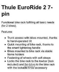 Thule EuroRide 941 Towbar Mount 2 Cycle Carrier Tow Ball Tilting Bike Rack
