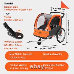 VEVOR Child Bike Trailer Foldable 2 Seater Stroller Double Kids Carrier 100 lbs